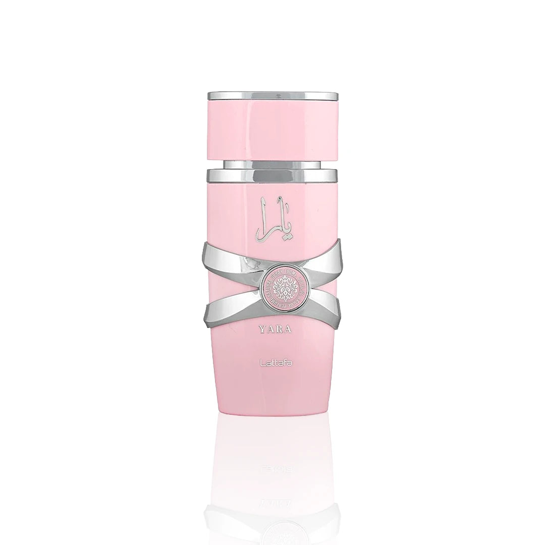 Lattafa Yara Eau de Parfum 100 ml Flakon auf weißem Hintergrund