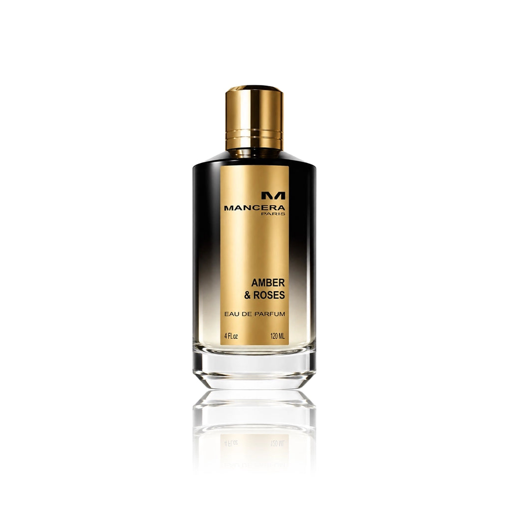 Mancera Amber & Roses Eau de Parfum 120 ml Flakon auf weißem Hintergrund