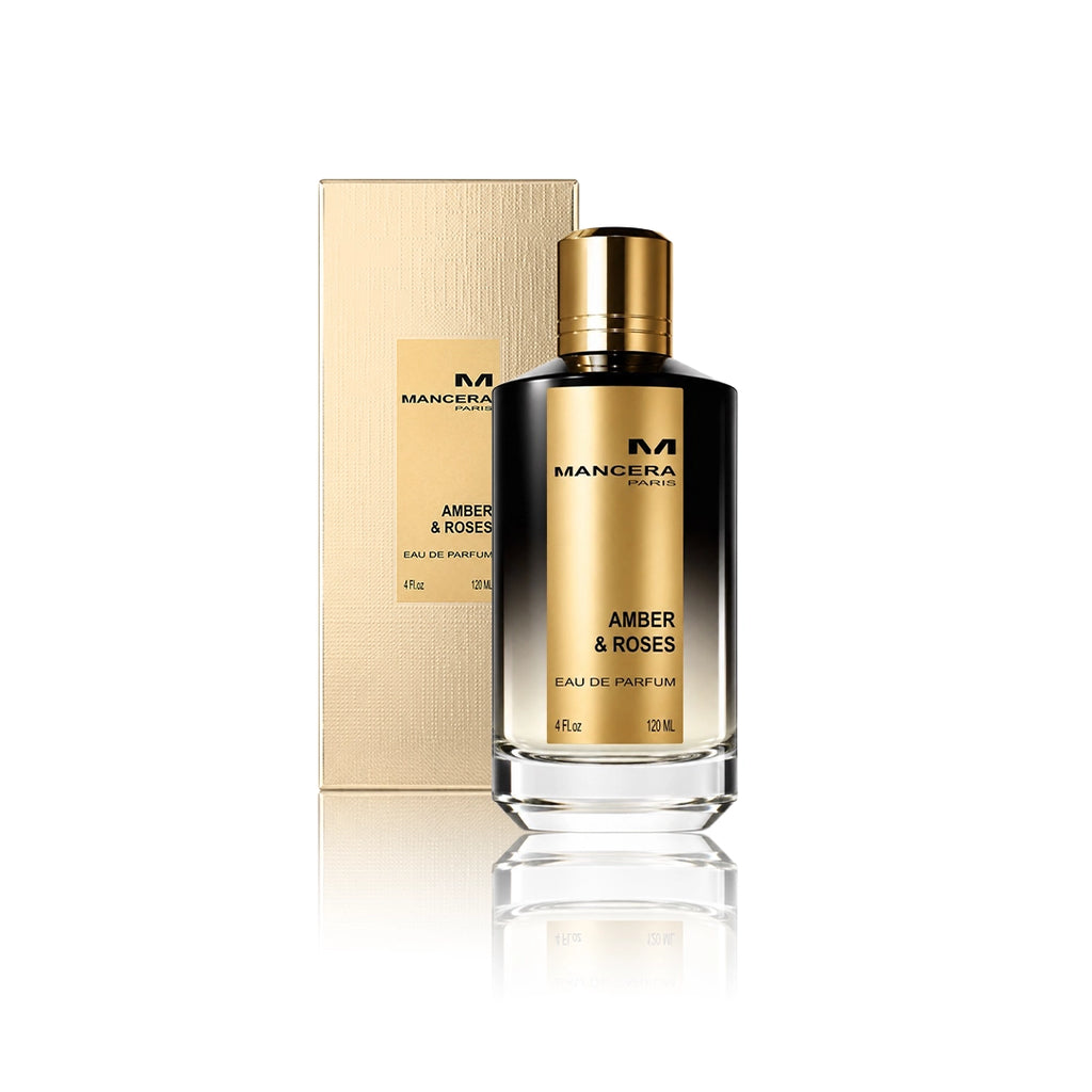 Mancera Amber & Roses Eau de Parfum 120 ml Flakon mit Originalverpackung auf weißem Hintergrund