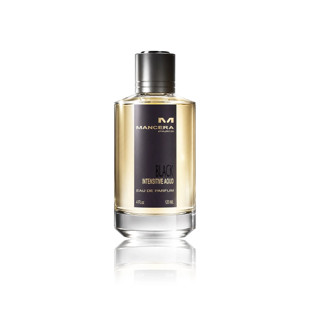 Mancera Black Intensitive Aoud Eau de Parfum 120 ml Flakon auf weißem Hintergrund