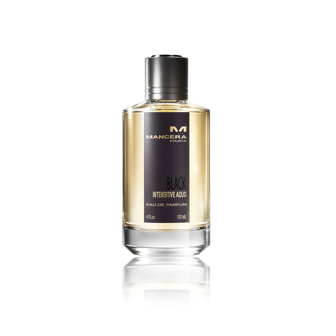 Mancera Black Intensitive Aoud Eau de Parfum 120 ml Flakon auf weißem Hintergrund