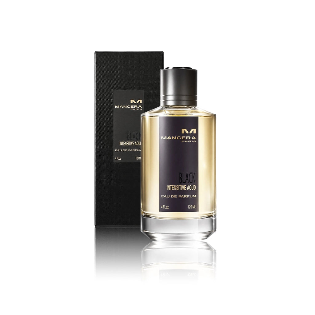 Mancera Black Intensitive Aoud Eau de Parfum 120 ml Flakon mit Originalverpackung auf weißem Hintergrund