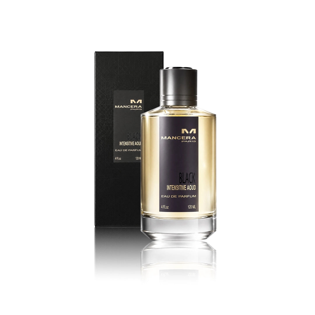 Mancera Black Intensitive Aoud Eau de Parfum 120 ml Flakon mit Originalverpackung auf weißem Hintergrund