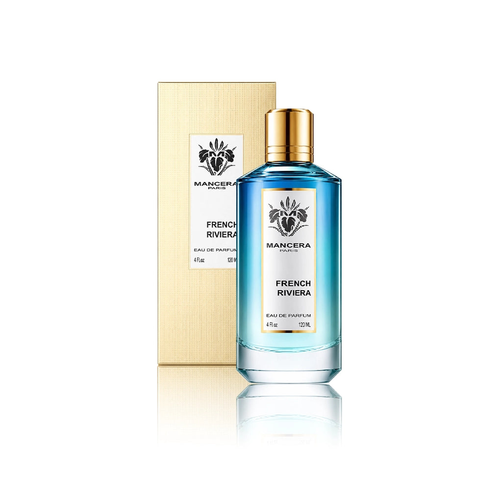 Mancera French Riviera Eau de Parfum 120 ml Flakon mit Originalverpackung auf weißem Hintergrund