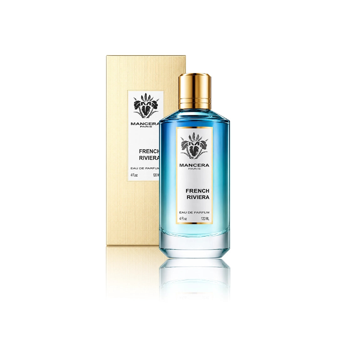 Mancera French Riviera Eau de Parfum 120 ml Flakon mit Originalverpackung auf weißem Hintergrund
