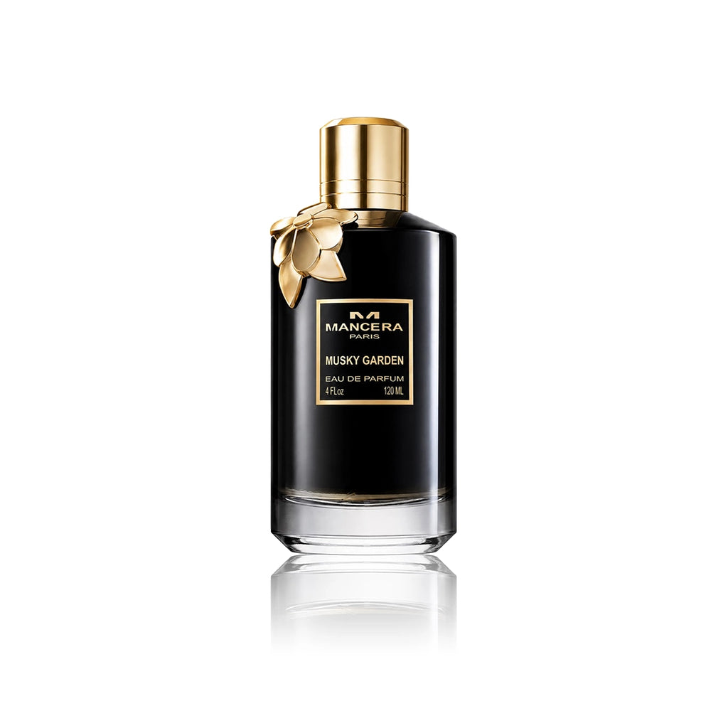 Mancera Musky Garden Eau de Parfum 120 ml Flakon auf weißem Hintergrund