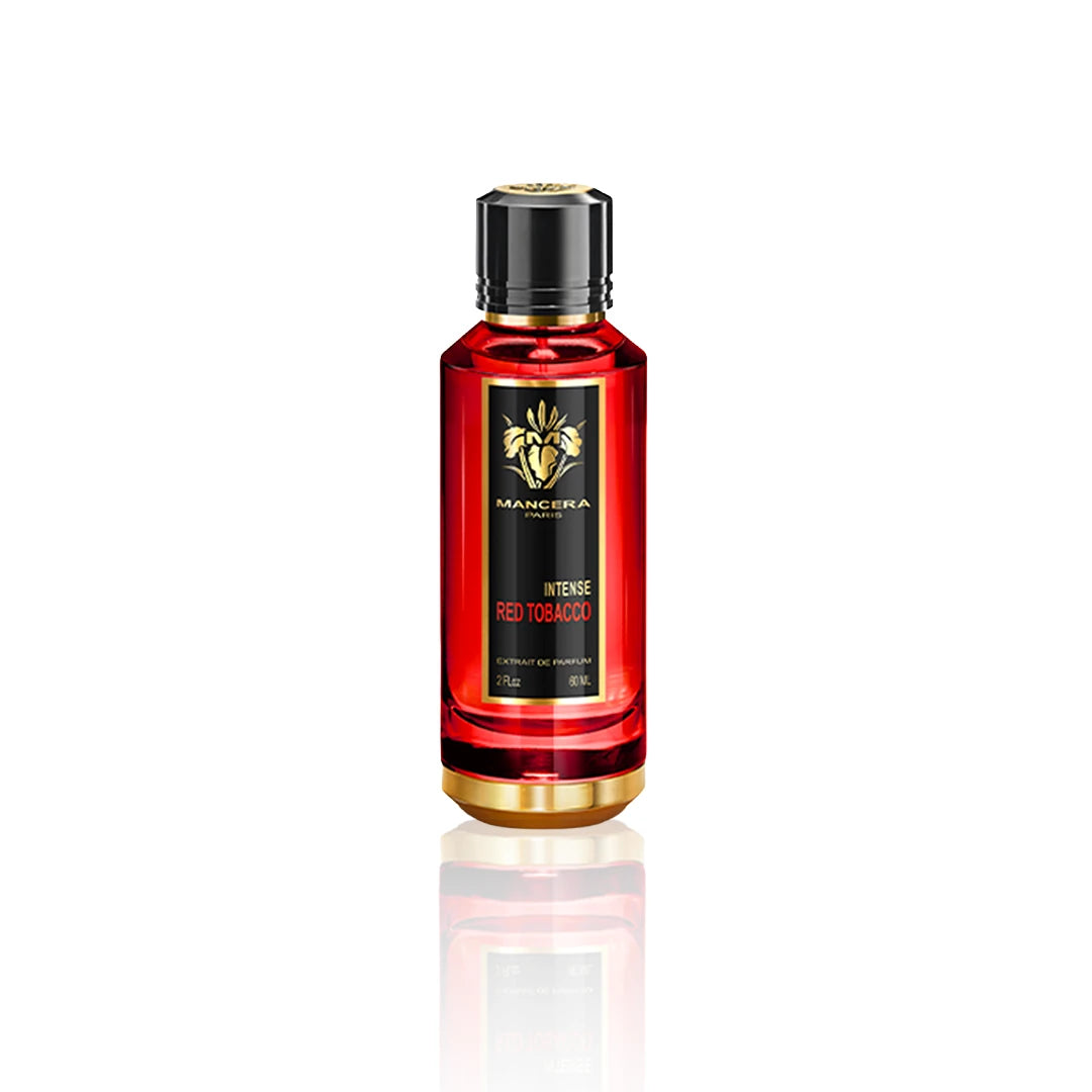 Mancera Red Tobacco Intense Eau de Parfum 60 ml Flakon auf weißem Hintergrund