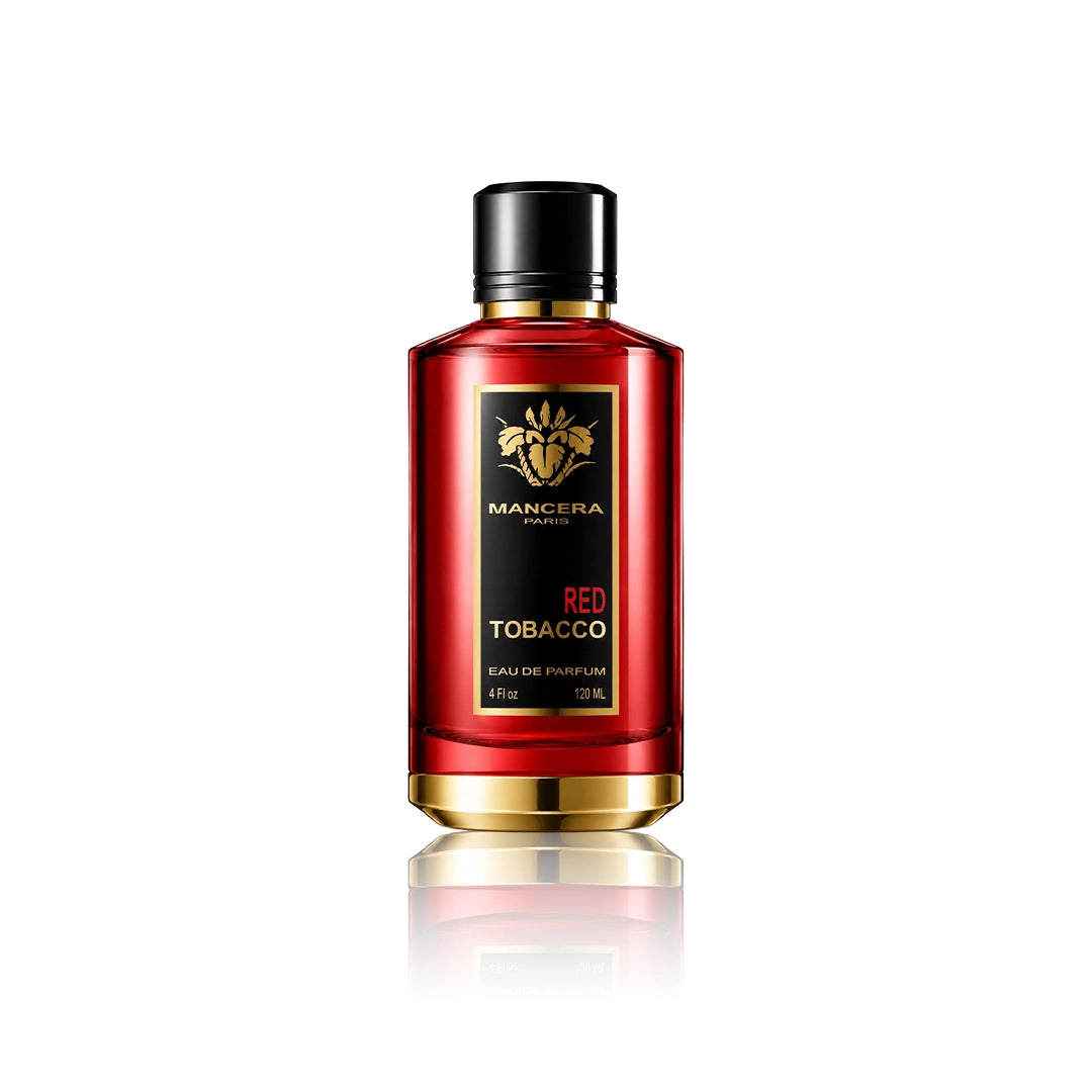 Mancera Red Tobacco Eau de Parfum 120 ml Flakon auf weißem Hintergrund