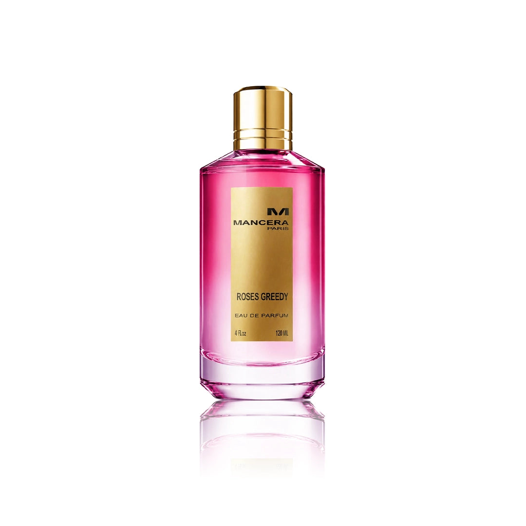 Mancera Roses Greedy Eau de Parfum 120 ml Flakon auf weißem Hintergrund