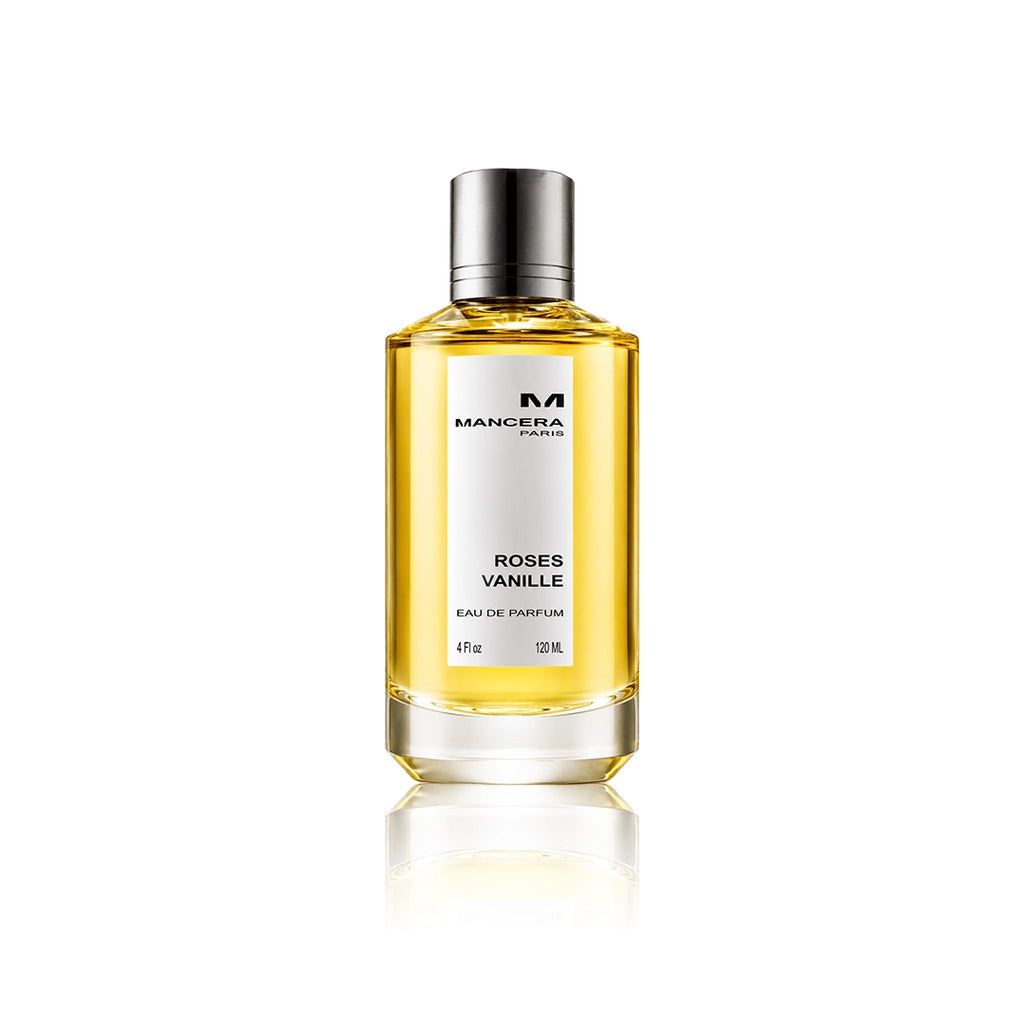 Mancera Roses Vanille Eau de Parfum 120 ml Flakon auf weißem Hintergrund
