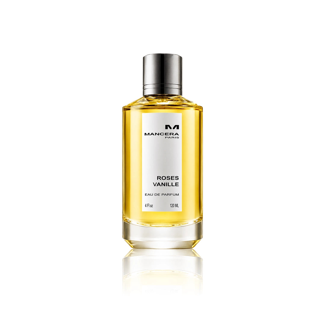 Mancera Roses Vanille Eau de Parfum 120 ml Flakon auf weißem Hintergrund