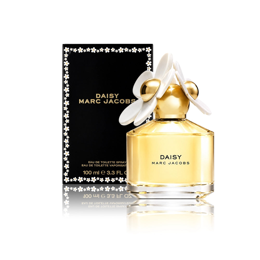 Marc Jacobs Daisy Eau de Toilette Spray 100 ml Flakon mit Originalverpackung auf weißem Hintergrund
