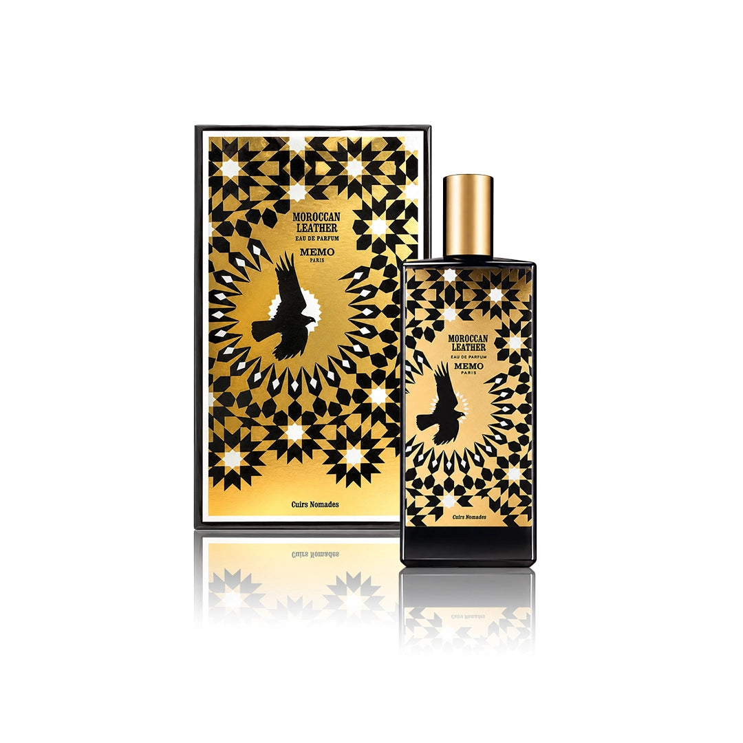 Memo Paris Moroccan Leather Eau de Parfum 75 ml Flakon mit Originalverpackung auf weißem Hintergrund