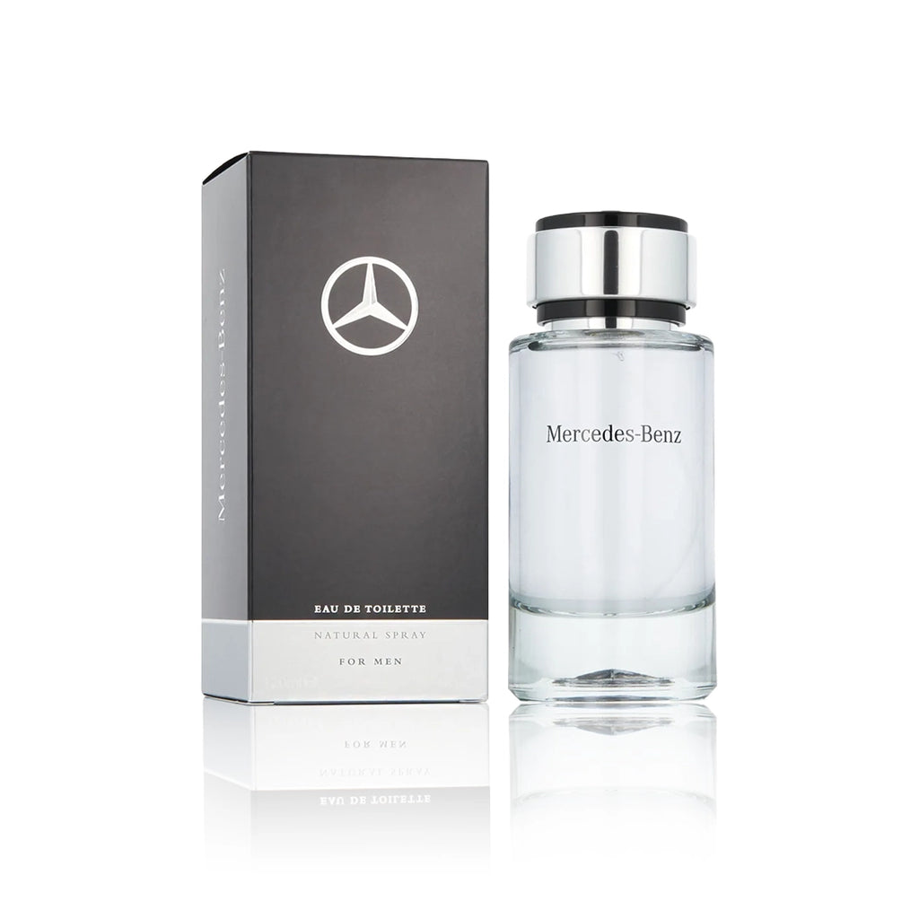 Mercedes-Benz Eau de Toilette 120 ml Flakon mit Originalverpackung auf weißem Hintergrund Verpackung steht links von der Flasche