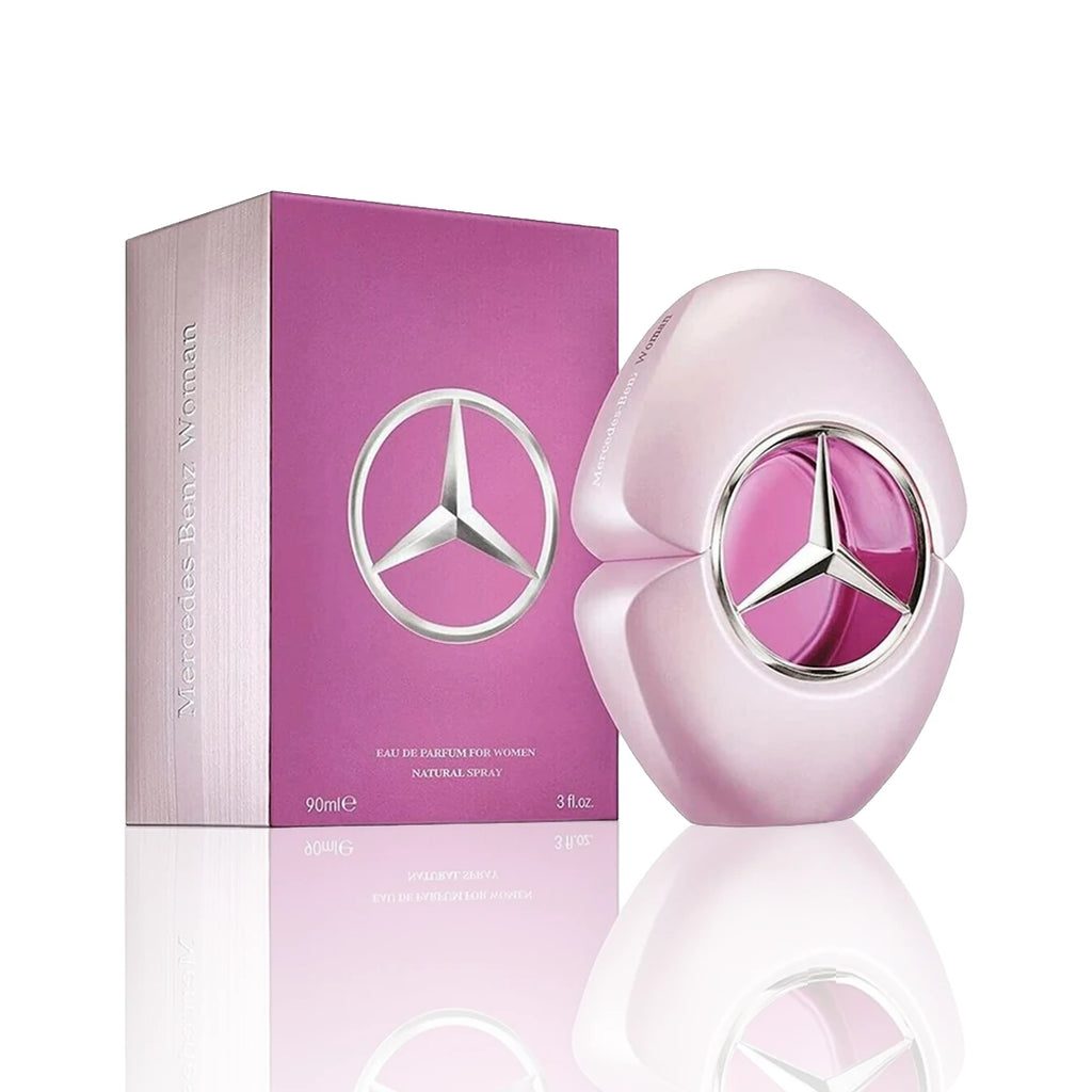 Mercedes-Benz For Women Eau de Parfum 90 ml Flakon mit Originalverpackung auf weißem Hintergrund