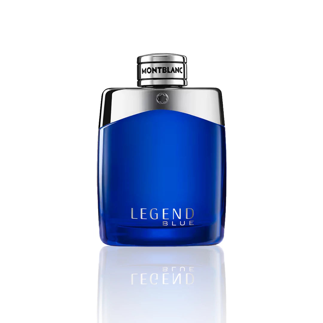 Montblanc Legend Blue Eau de Parfum 100 ml Flakon auf weißem Hintergrund