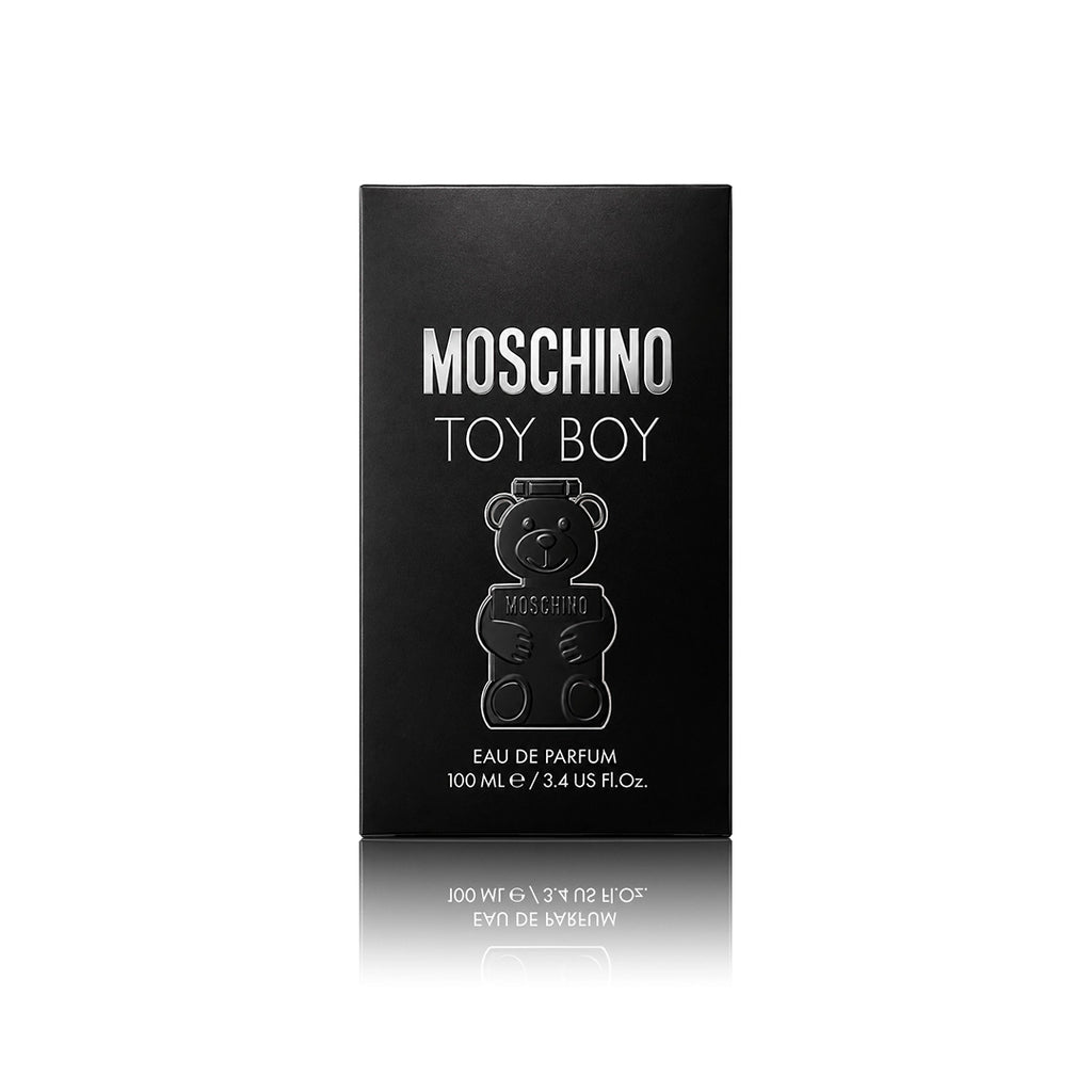 Moschino Toy Boy Eau de Parfum 100 ml mit Originalverpackung auf weißem Hintergrund