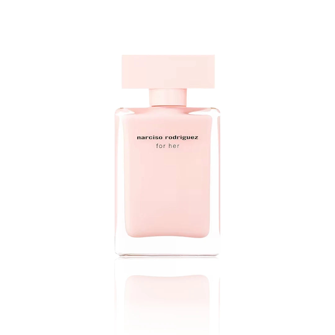 Narciso Rodriguez For Her Eau de Parfum 50 ml Flakon auf weißem Hintergrund