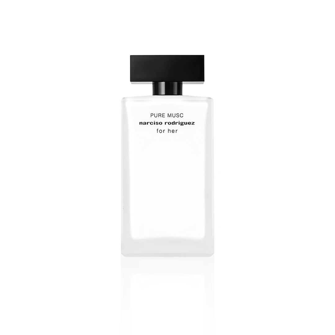 Narciso Rodriguez For Her Pure Musc Eau de Parfum 100 ml Flakon auf weißem Hintergrund