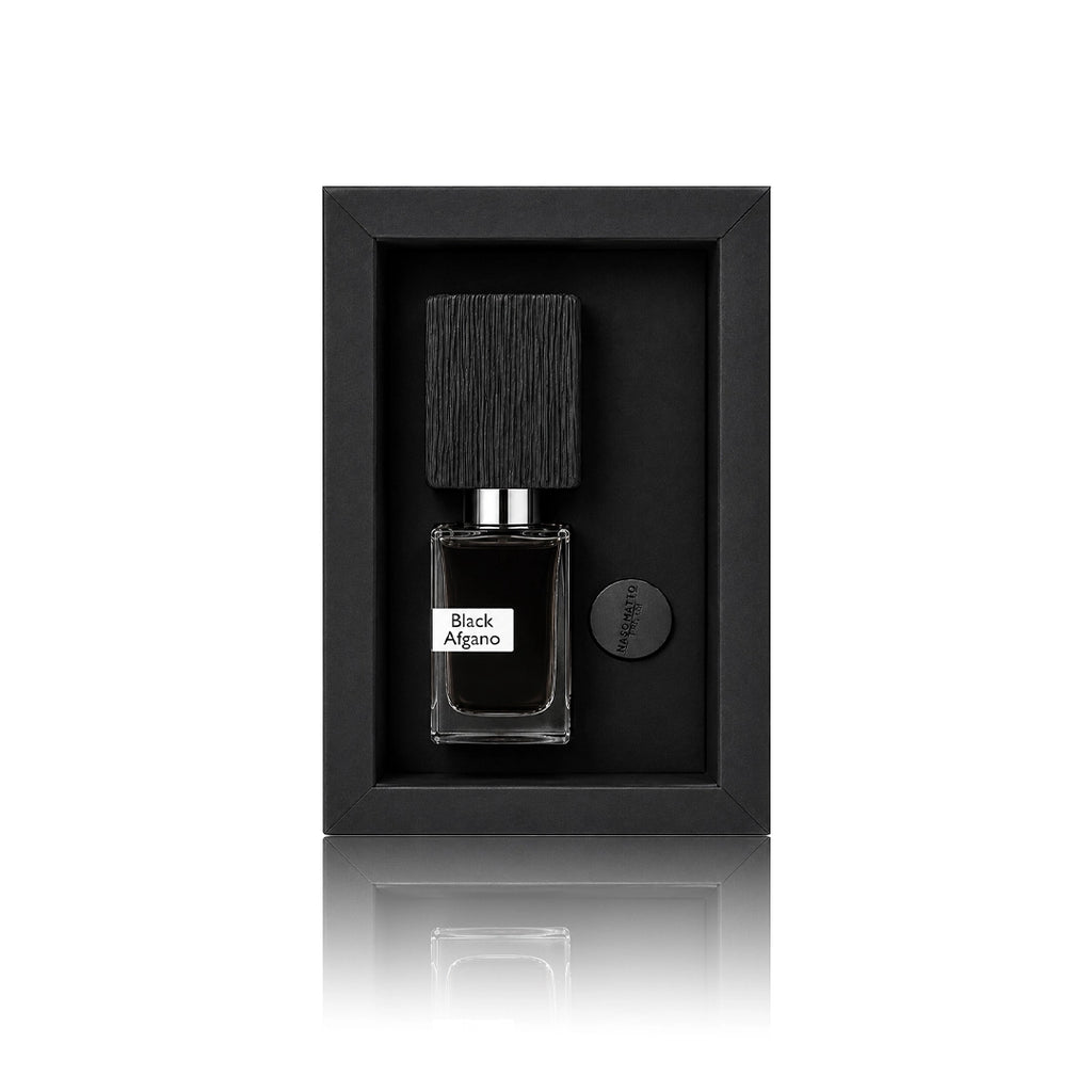 Nasomatto Black Afgano Extrait de Parfum 30 ml Flakon mit Originalverpackung auf weißem Hintergrund mit der Flasche in der Box