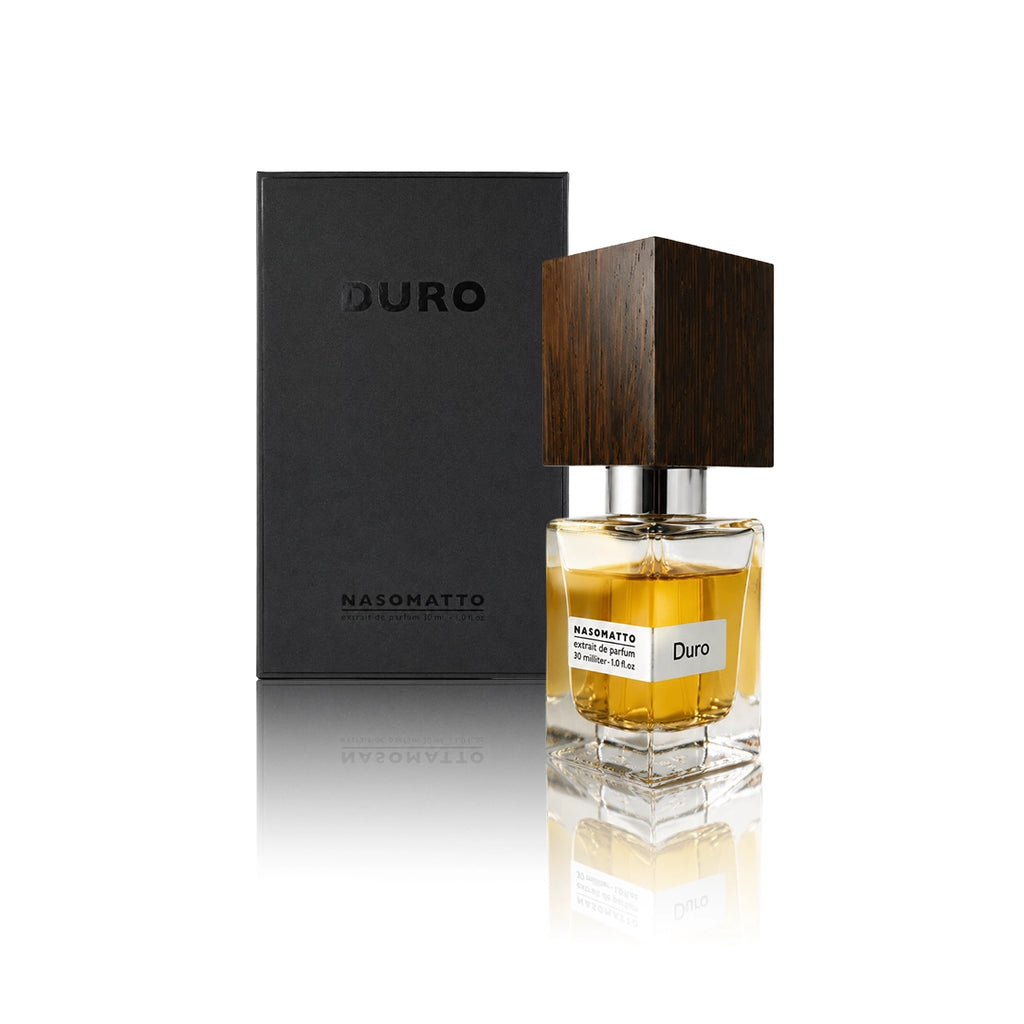 Nasomatto Duro Extrait de Parfum 30 ml Flakon mit Originalverpackung auf weißem Hintergrund mit der Flasche neben der Box