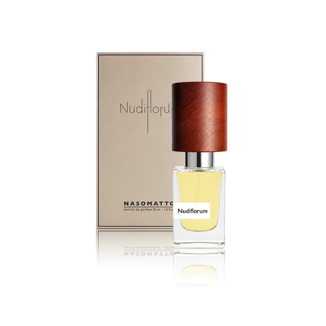 Nasomatto Nudiflorum Extrait de Parfum 30 ml Flakon mit Originalverpackung auf weißem Hintergrund
