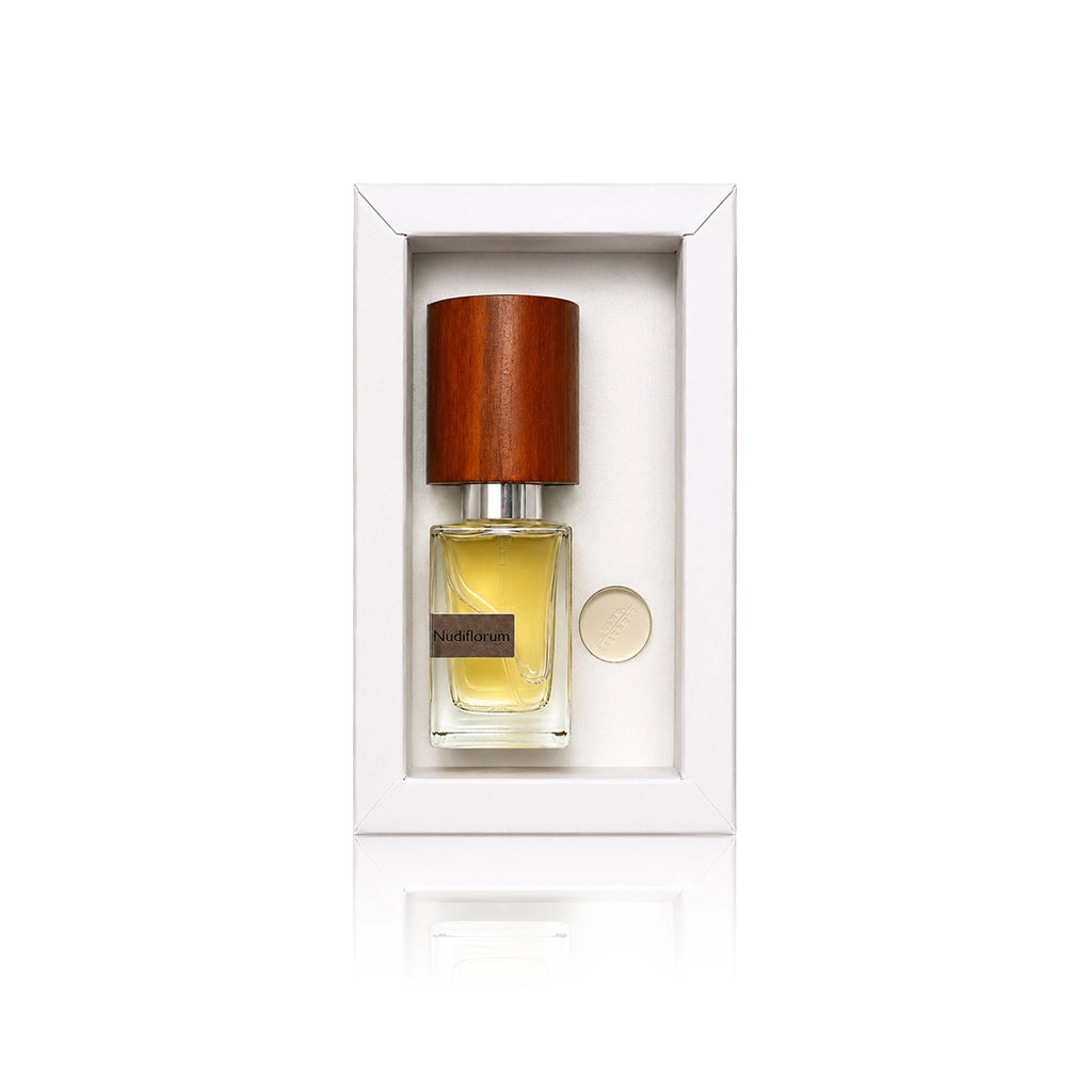 Nasomatto Nudiflorum Extrait de Parfum 30 ml mit Originalverpackung auf weißem Hintergrund mit der flasche in der Box
