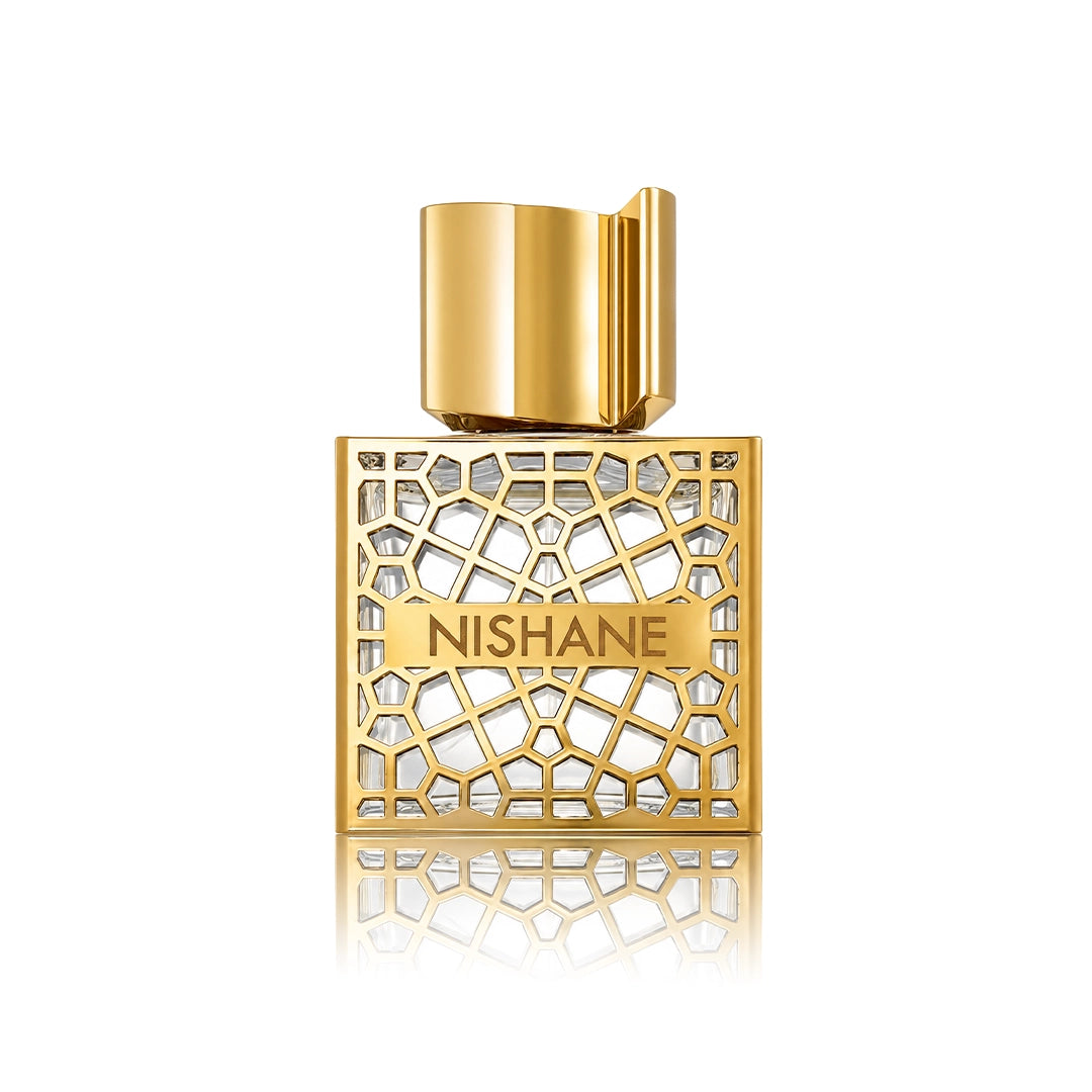 Nishane Hacivat Oud Extrait de Parfum 50 ml Flakon auf weißem Hintergrund