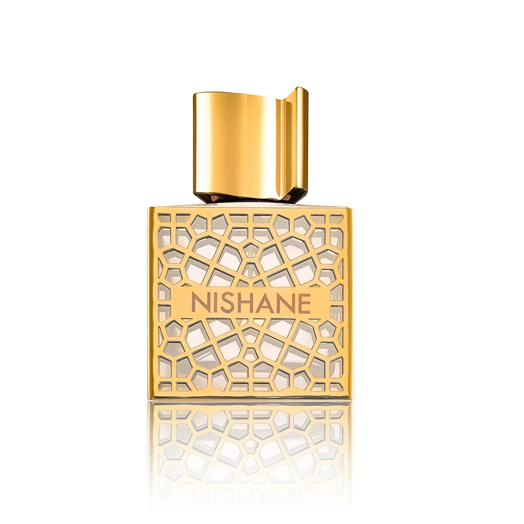Nishane Hacivat Oud Extrait de Parfum 50 ml Flakon auf weißem Hintergrund