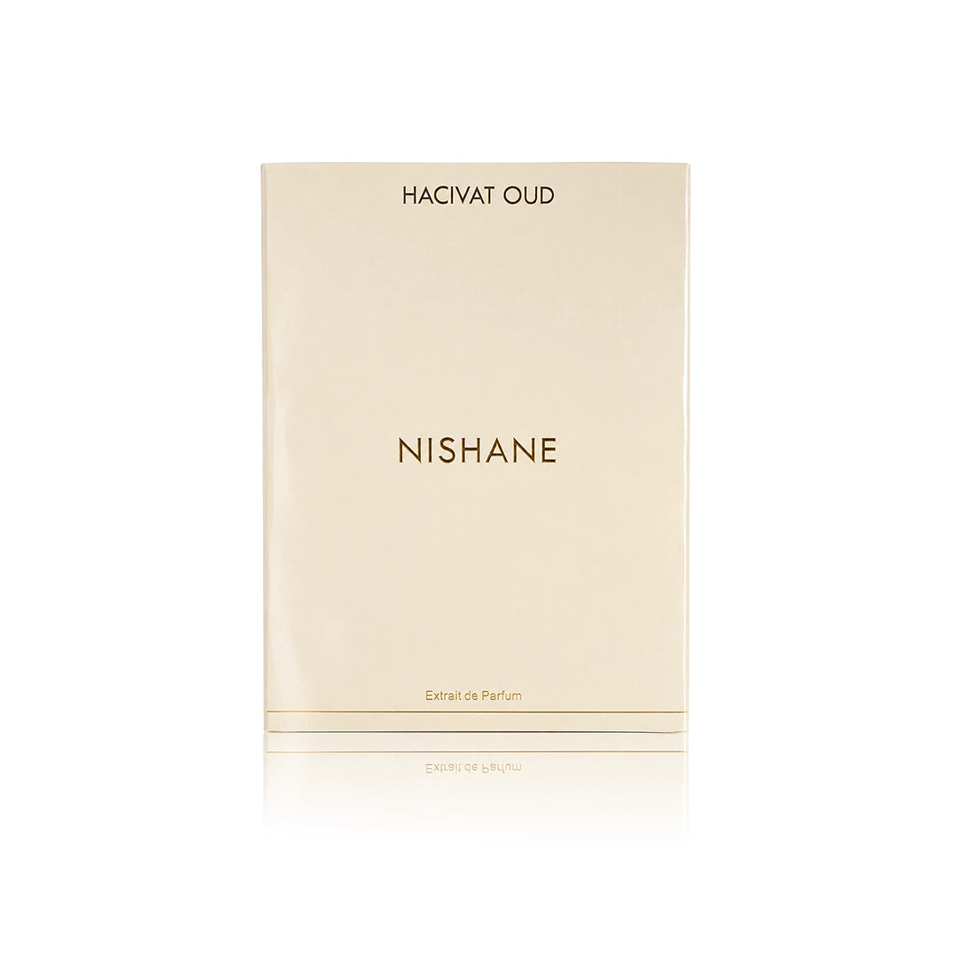 Nishane Hacivat Oud Extrait de Parfum 50 ml mit Originalverpackung auf weißem Hintergrund