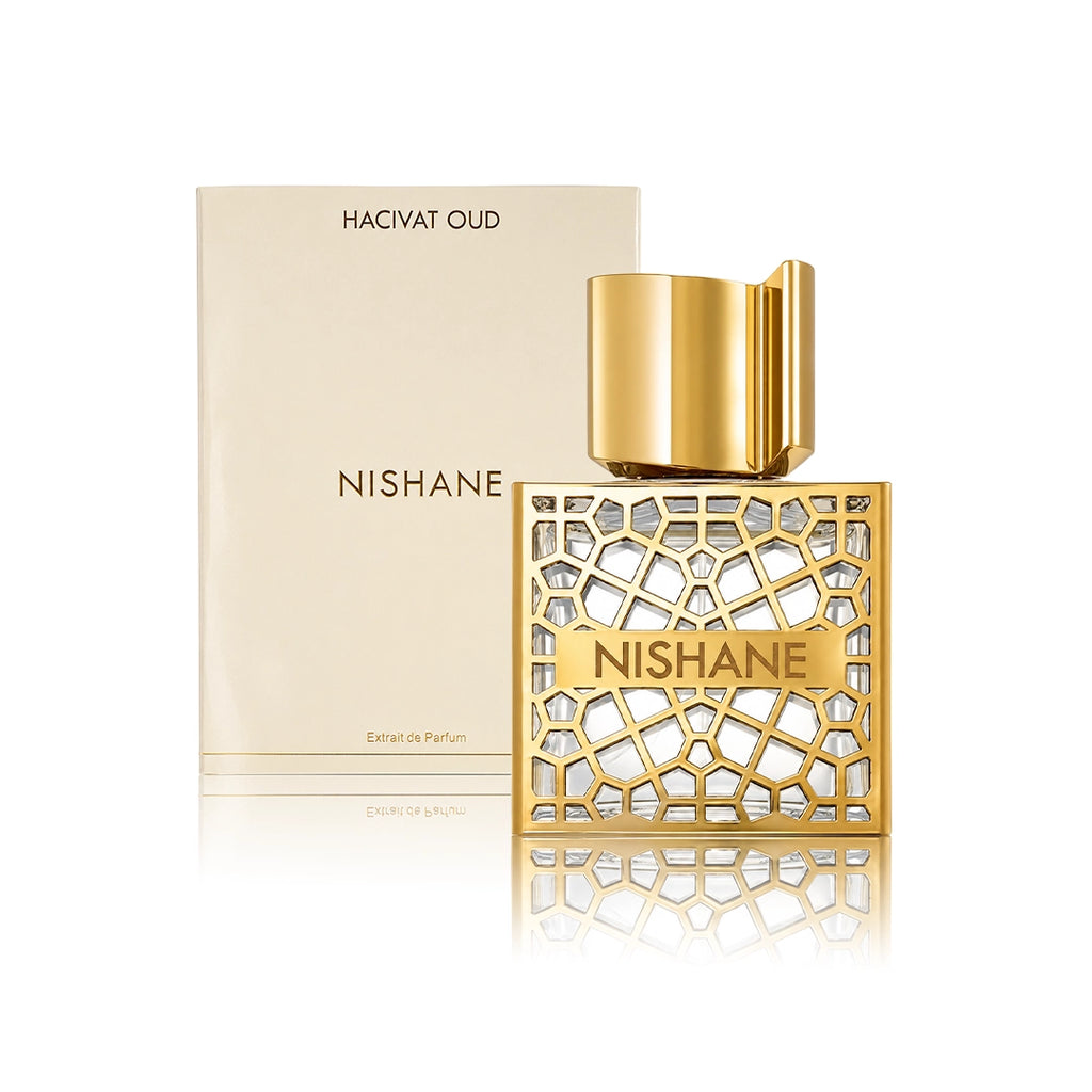 Nishane Hacivat Oud Extrait de Parfum 50 ml Flakon mit Originalverpackung auf weißem Hintergrund