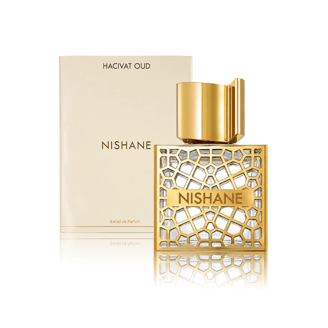 Nishane Hacivat Oud Extrait de Parfum 50 ml Flakon mit Originalverpackung auf weißem Hintergrund