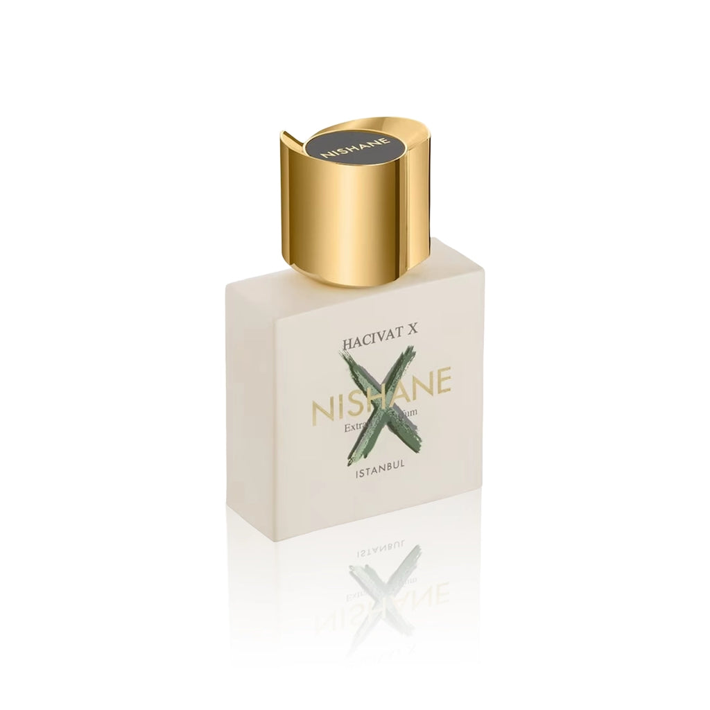 Nishane Hacivat X Extrait de Parfum 100 ml Flakon auf weißem Hintergrund mit Seitenansicht.
