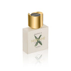 Nishane Hacivat X Extrait de Parfum 100 ml Flakon auf weißem Hintergrund mit Seitenansicht.
