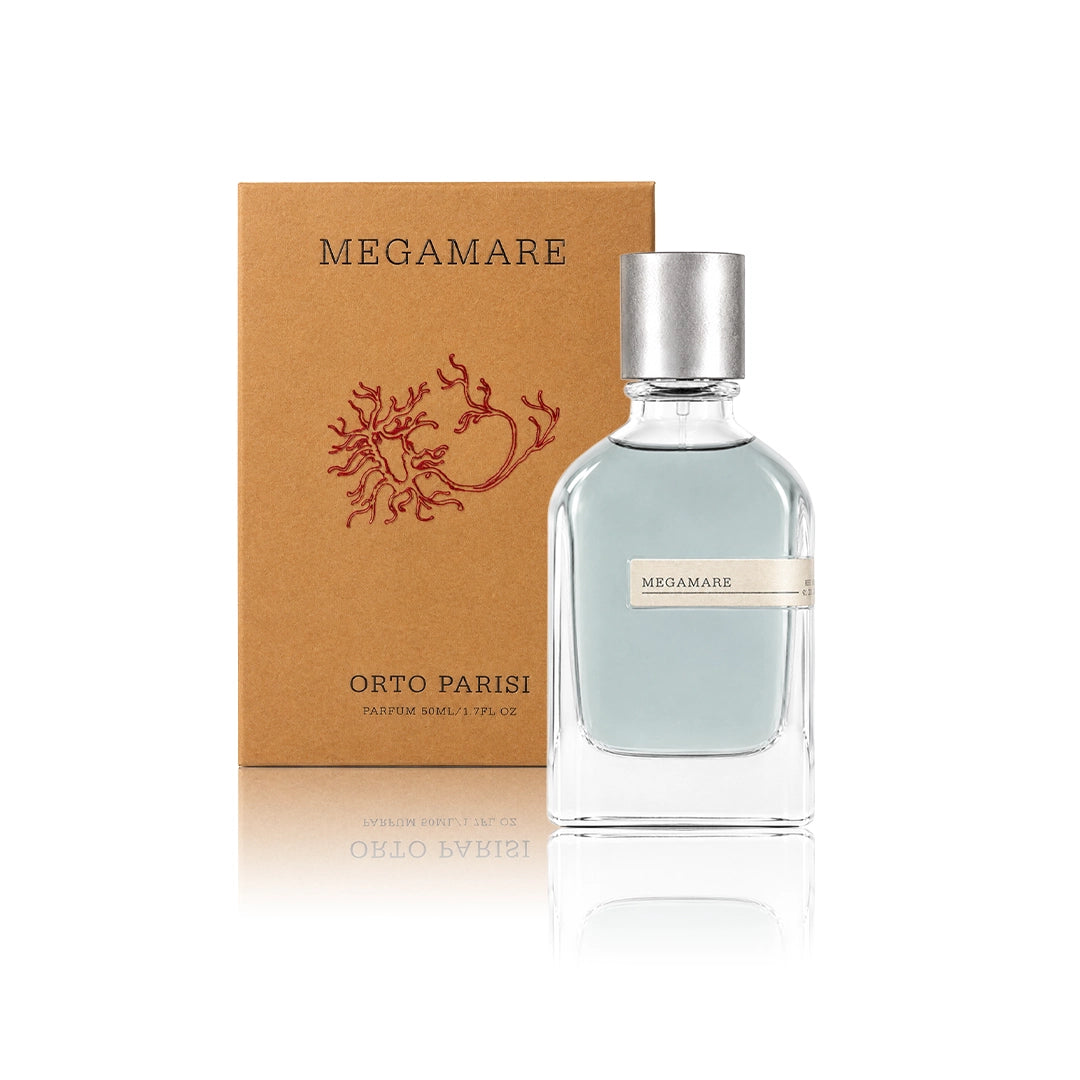Orto Parisi Megamare Extrait de Parfum 50 ml Flakon mit Originalverpackung auf weißem Hintergrund