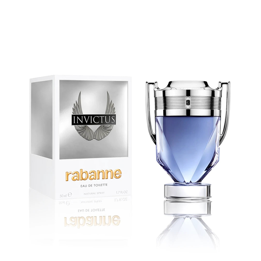 Paco Rabanne Invictus Eau de Toilette 50 ml Flakon mit Originalverpackung auf weißem Hintergrund