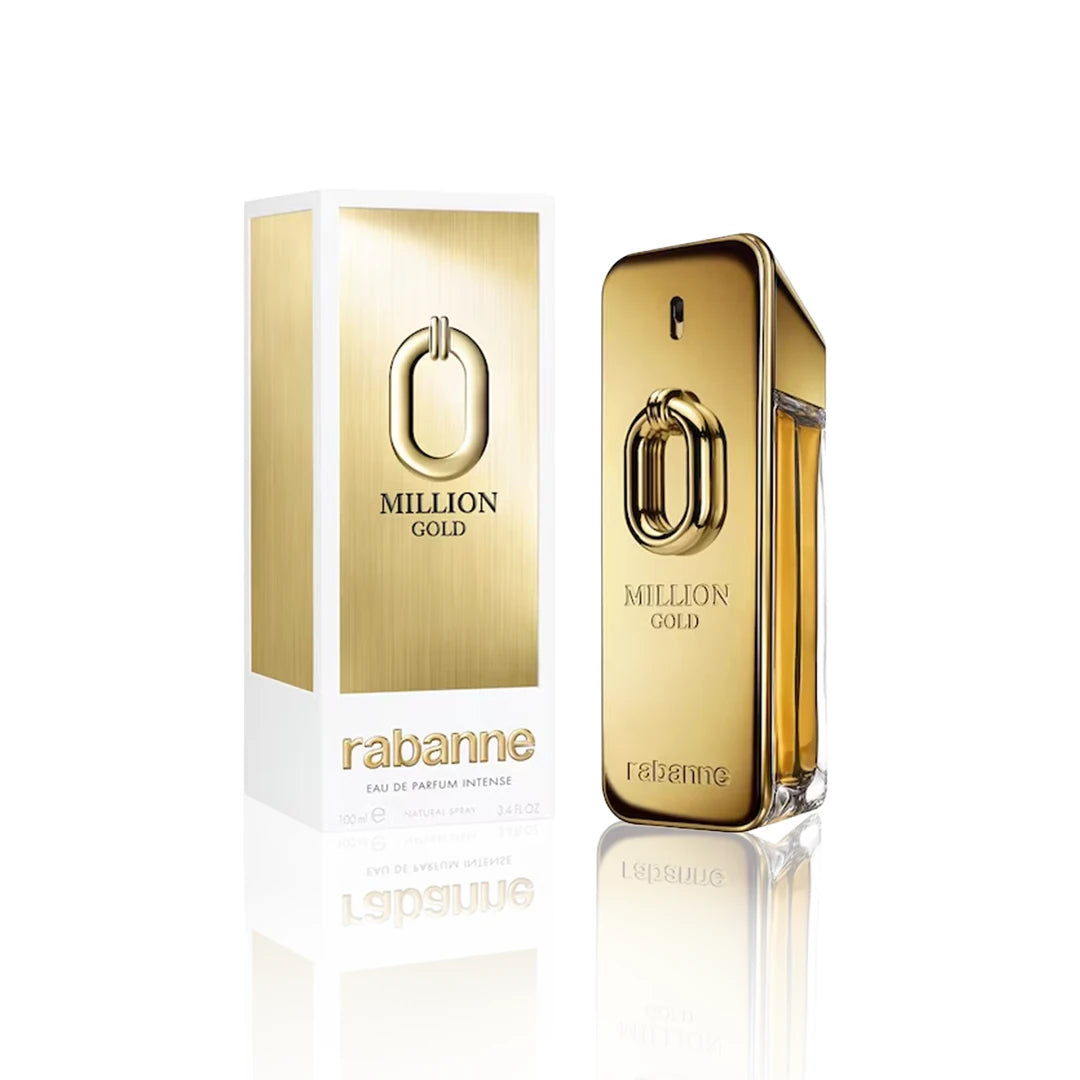 Paco Rabanne Million Gold Eau de Parfum 100 ml Flakon mit Originalverpackung auf weißem Hintergrund