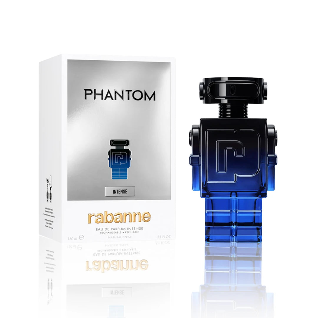 Paco Rabanne Phantom Intense Eau de Parfum 100 ml Flakon mit Originalverpackung auf weißem Hintergrund