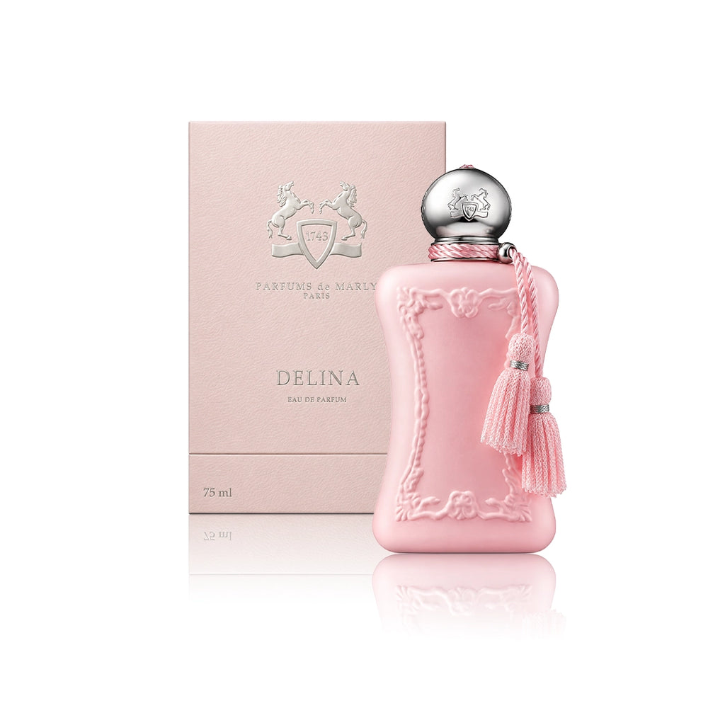 Parfums de Marly Delina Eau de Parfum 75 ml Flakon mit Originalverpackung auf weißem Hintergrund