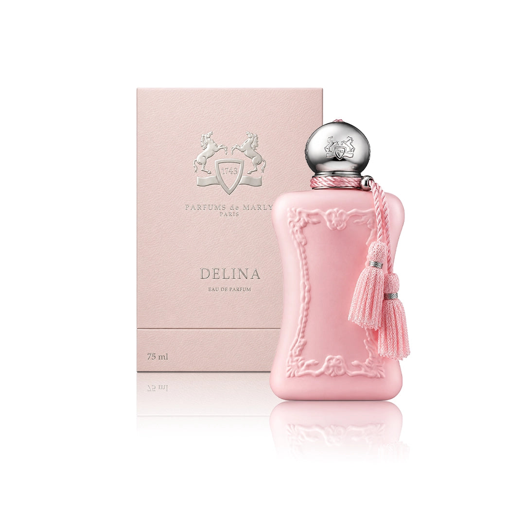 Parfums de Marly Delina Eau de Parfum 75 ml Flakon mit Originalverpackung auf weißem Hintergrund