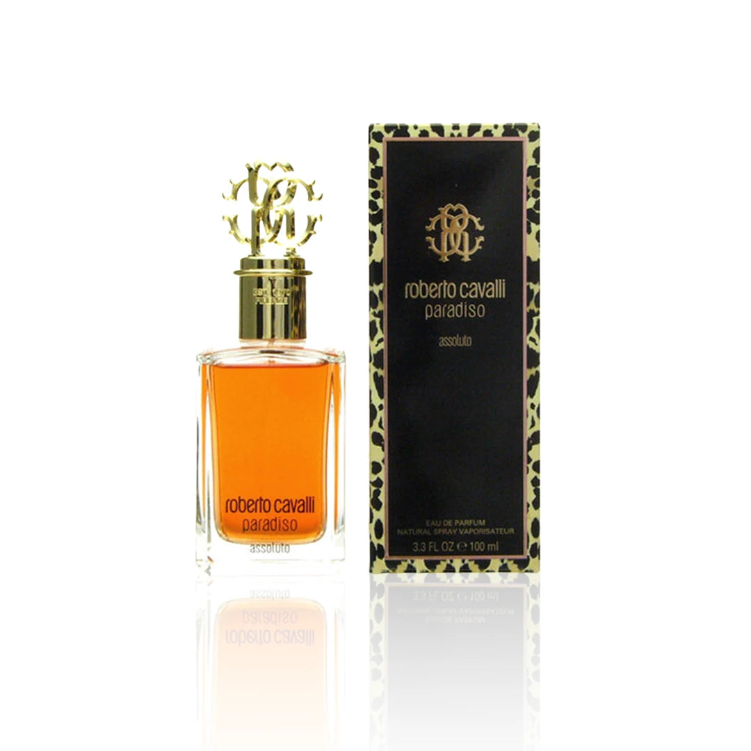 Roberto Cavalli Paradiso Assoluto Eau de Parfum 100 ml Flakon auf weißem Hintergrund