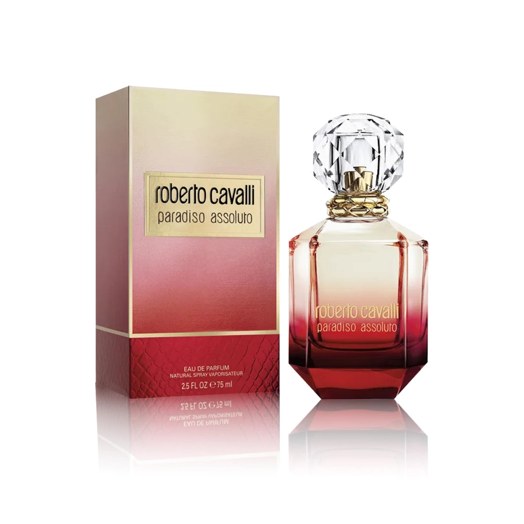 Roberto Cavalli Paradiso Assoluto Eau de Parfum 75 ml Flakon mit Originalverpackung auf weißem Hintergrund