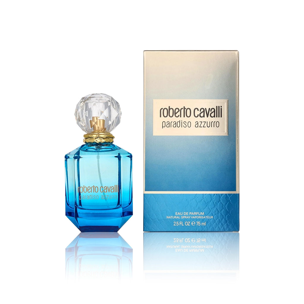 Roberto Cavalli Paradiso Azzurro Eau de Parfum 75 ml Flakon mit Originalverpackung auf weißem Hintergrund