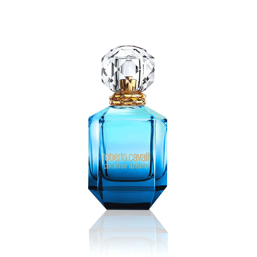 Roberto Cavalli Paradiso Azzurro Eau de Parfum 75 ml Flakon auf weißem Hintergrund