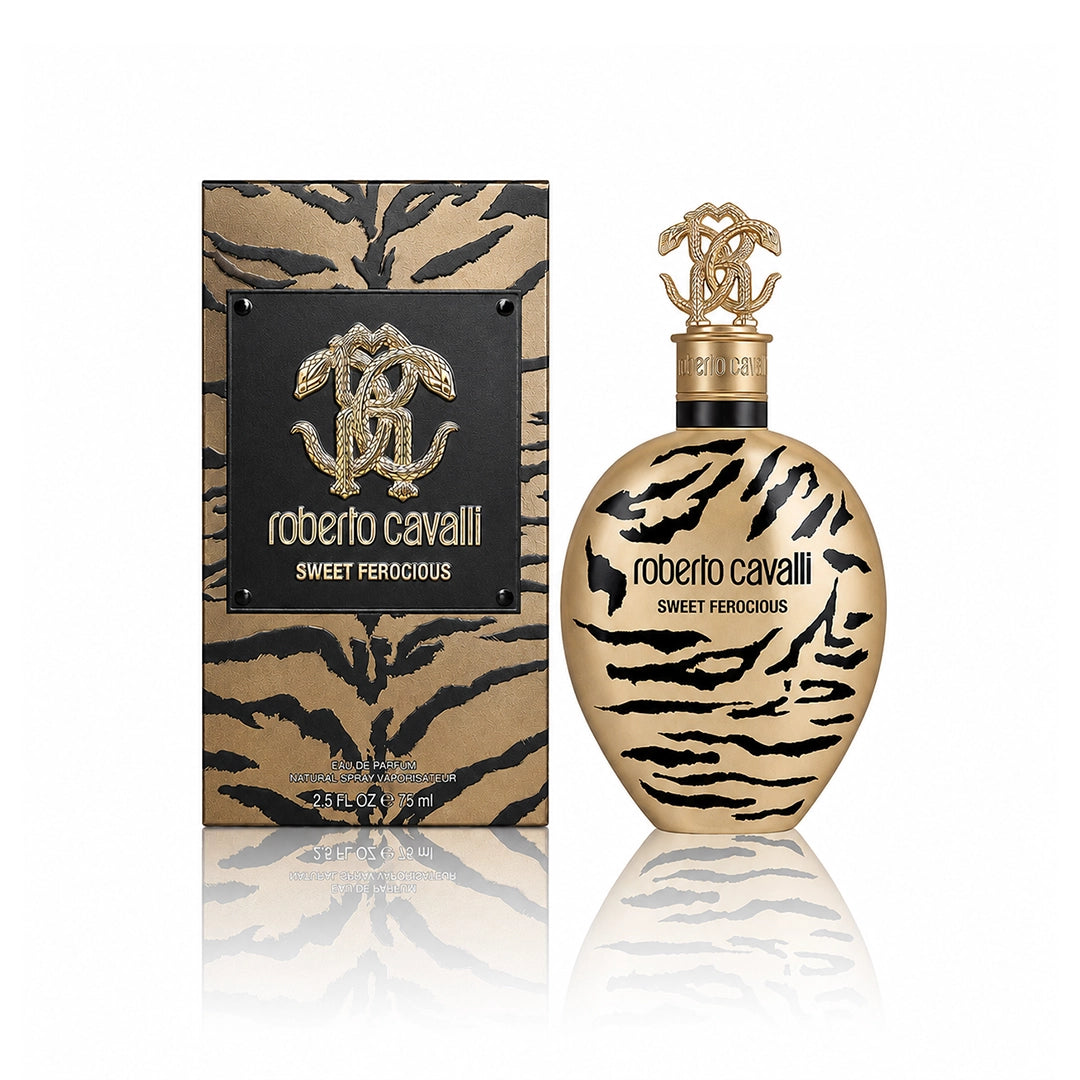 Roberto Cavalli Sweet Ferocious Eau de Parfum 75 ml Flakon mit Originalverpackung auf weißem Hintergrund ai generiert