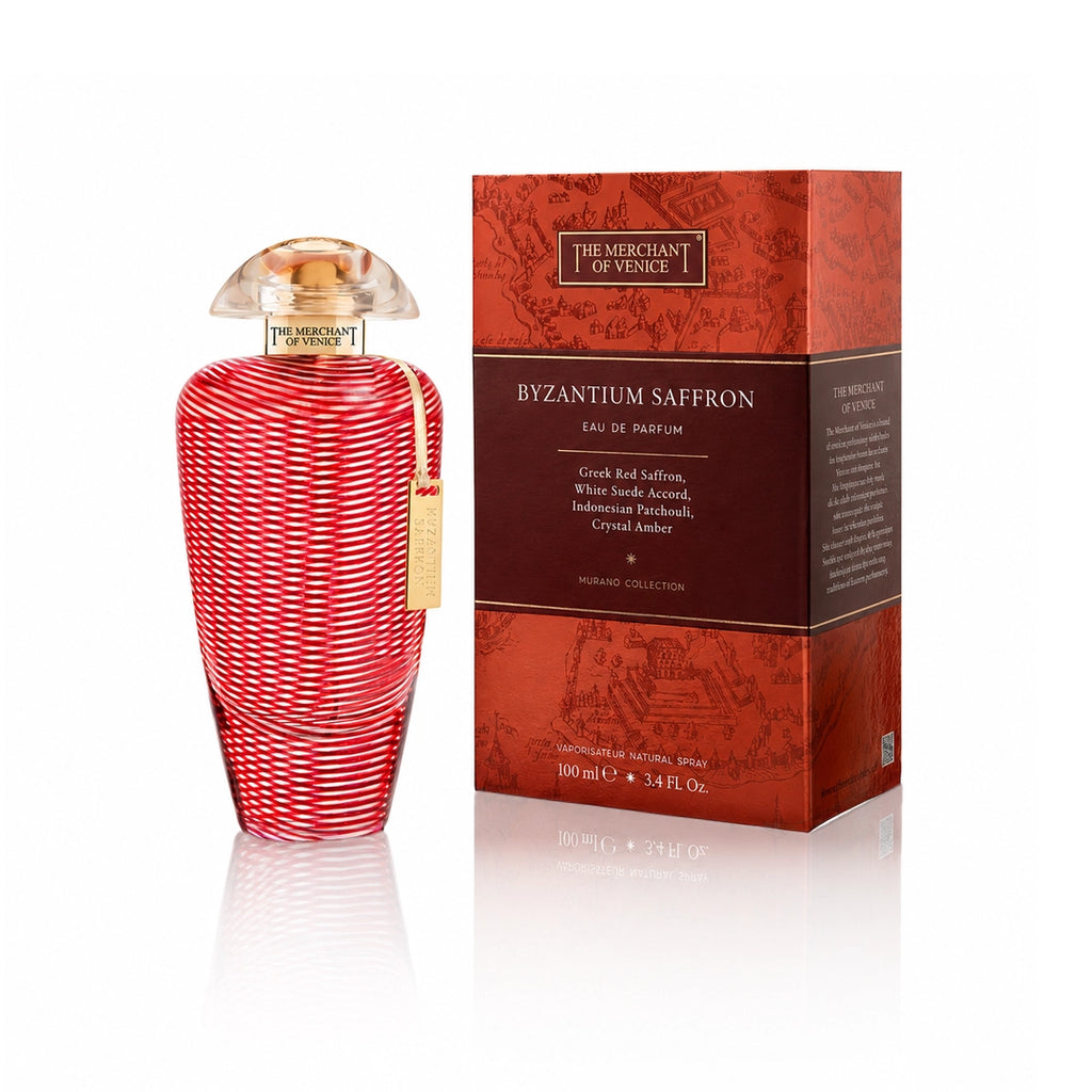 The Merchant of Venice Byzantium Saffron Eau de Parfum 100 ml Flakon mit Originalverpackung auf weißem Hintergrund