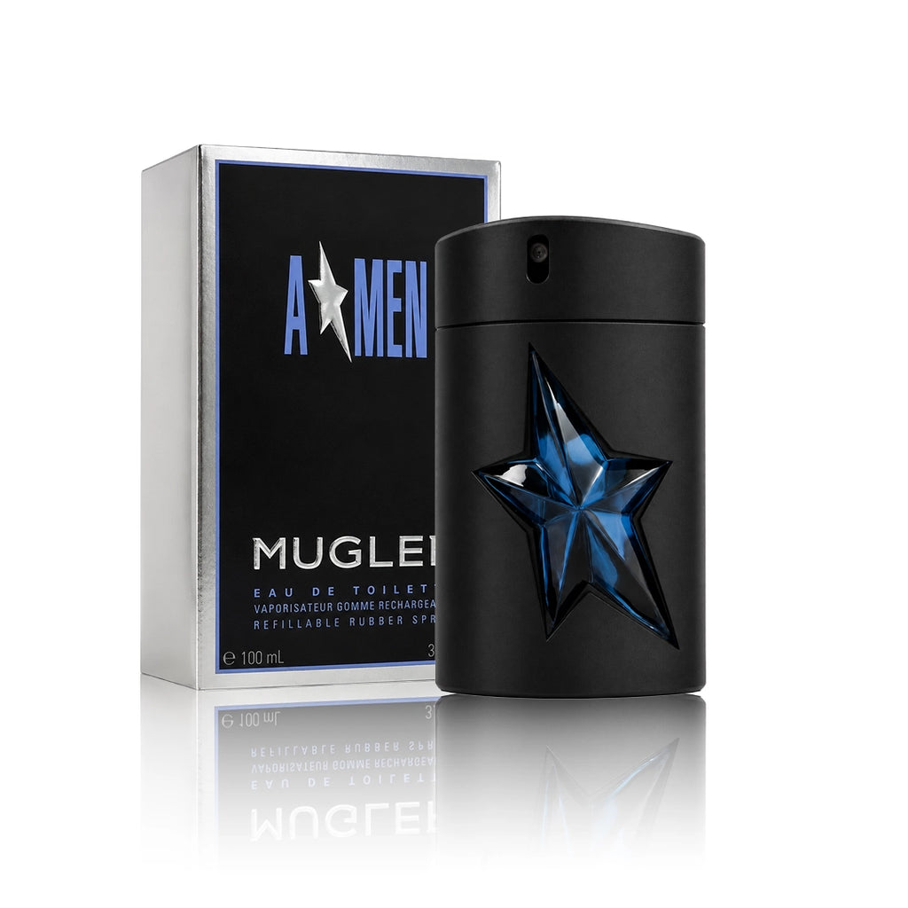 Thierry Mugler A*Men Eau de Toilette 100 ml Flakon mit Originalverpackung auf weißem Hintergrund