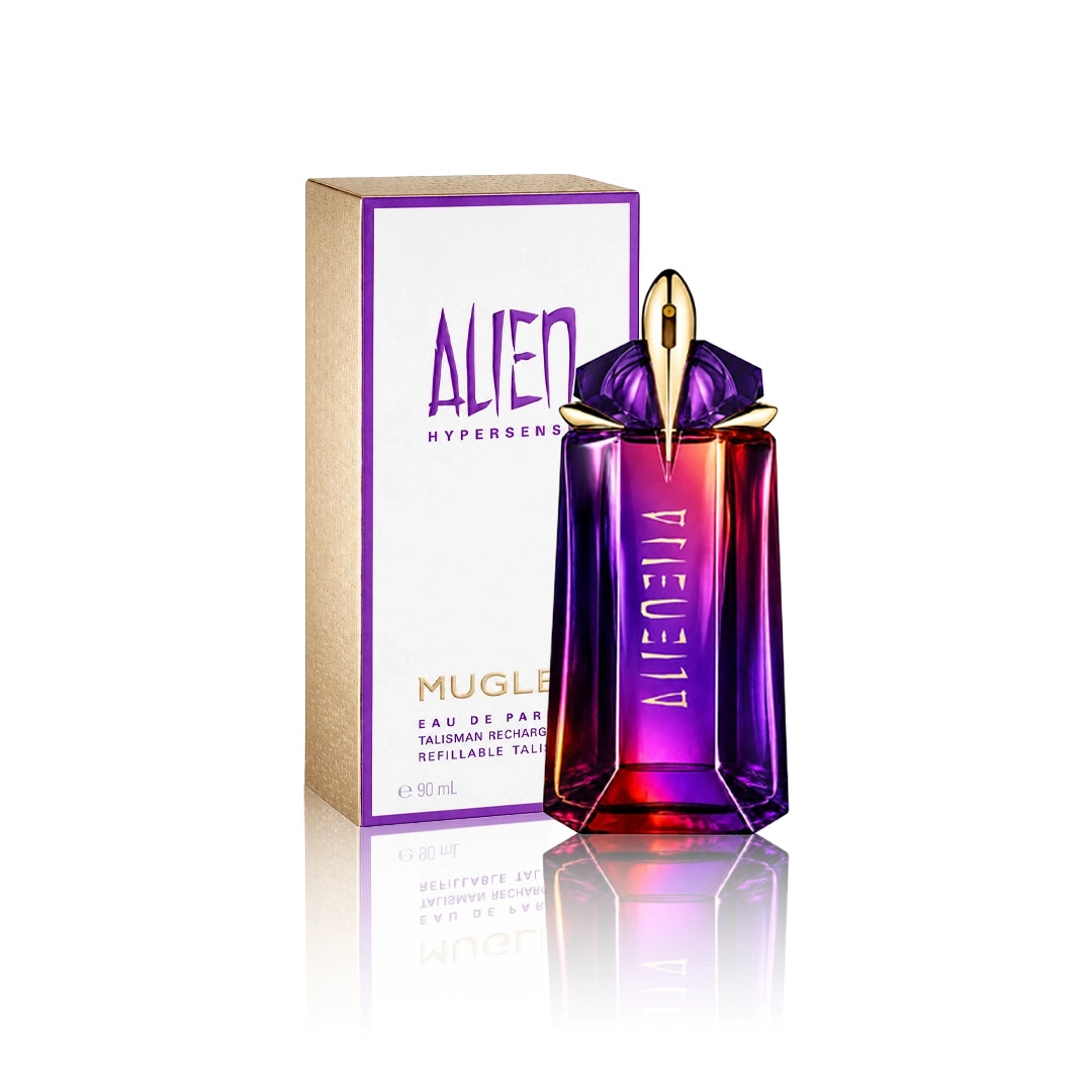 Thierry Mugler Alien Hypersense Eau de Parfum 90 ml Flakon mit Originalverpackung auf weißem Hintergrund