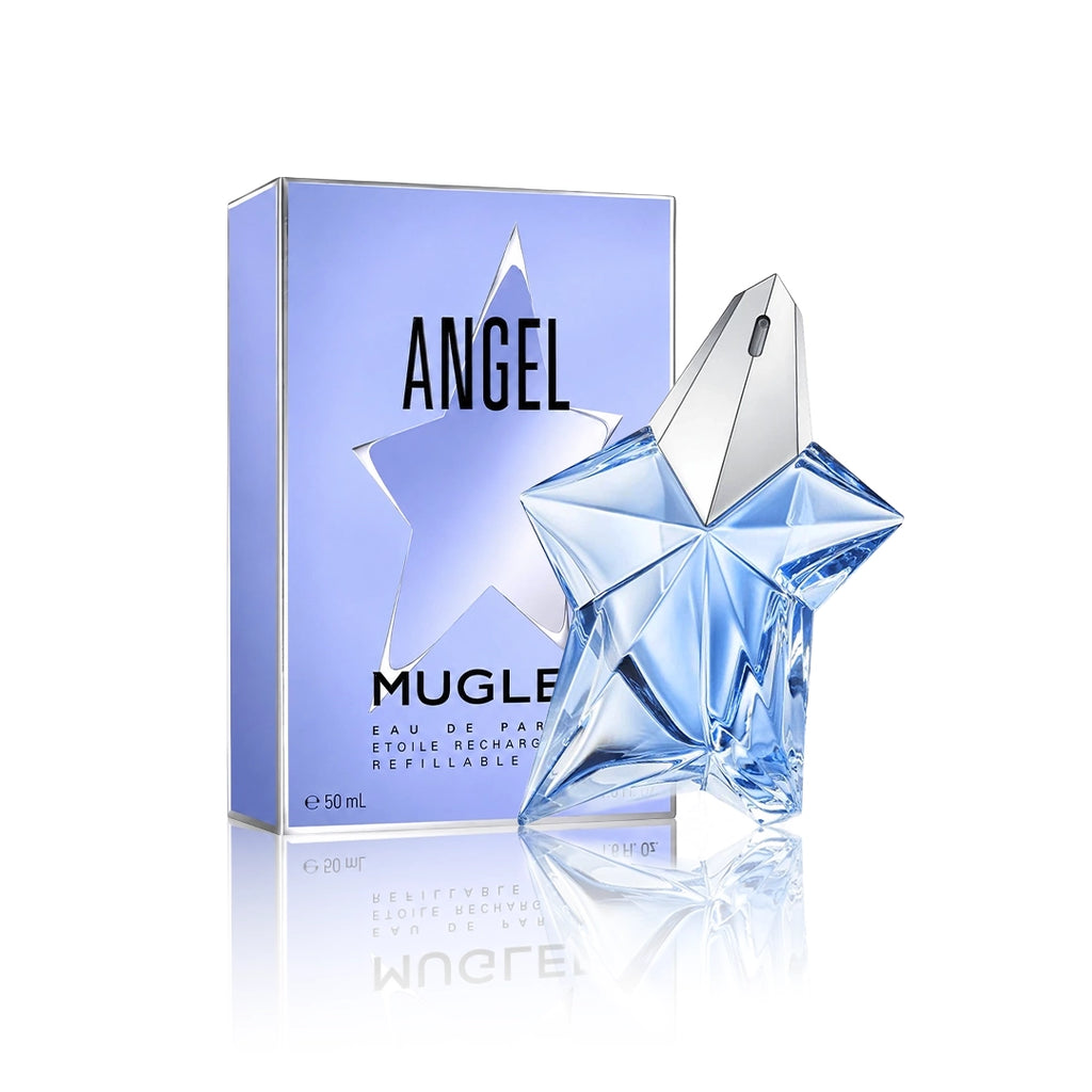 Thierry Mugler Angel Eau de Parfum 50 ml Flakon mit Originalverpackung auf weißem Hintergrund