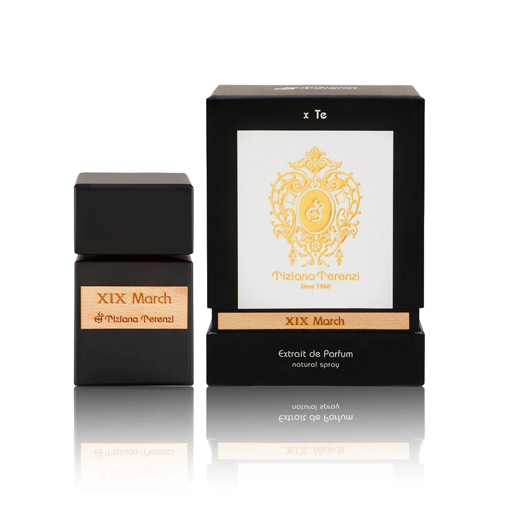 Tiziana Terenzi XIX March Extrait de Parfum 100 ml Flakon mit Originalverpackung auf weißem Hintergrund